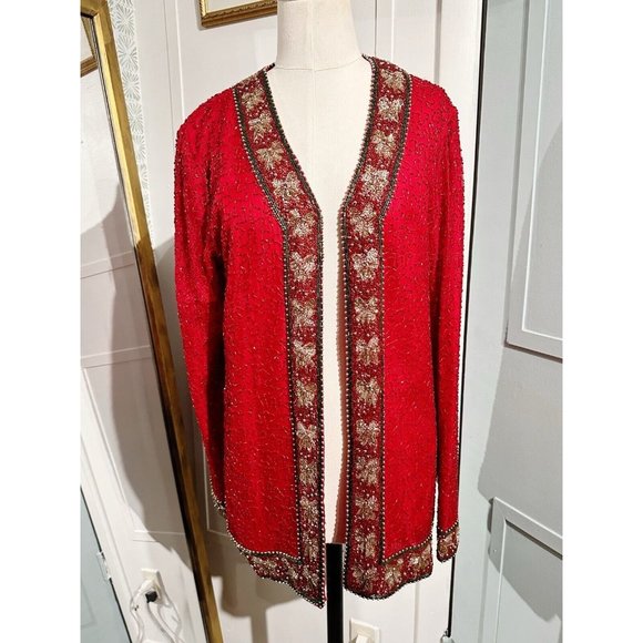 Laurence Kazar Jackets & Blazers - Vintage Laurence Kazar Red Silk Beaded Jacket Womens Medium 80s Evening Wear